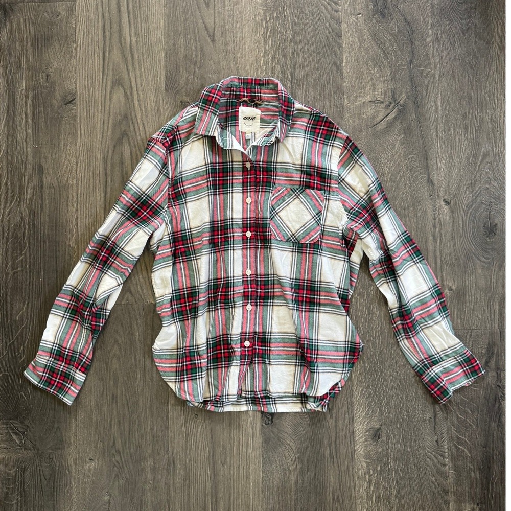 Aerie Plaid Button Down Shirt XXS Red Green White Holiday Christmas Flannel NWOT